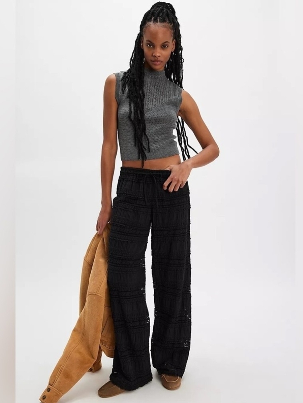 Free People Black Wide-Leg Crochet Drawstring Pants